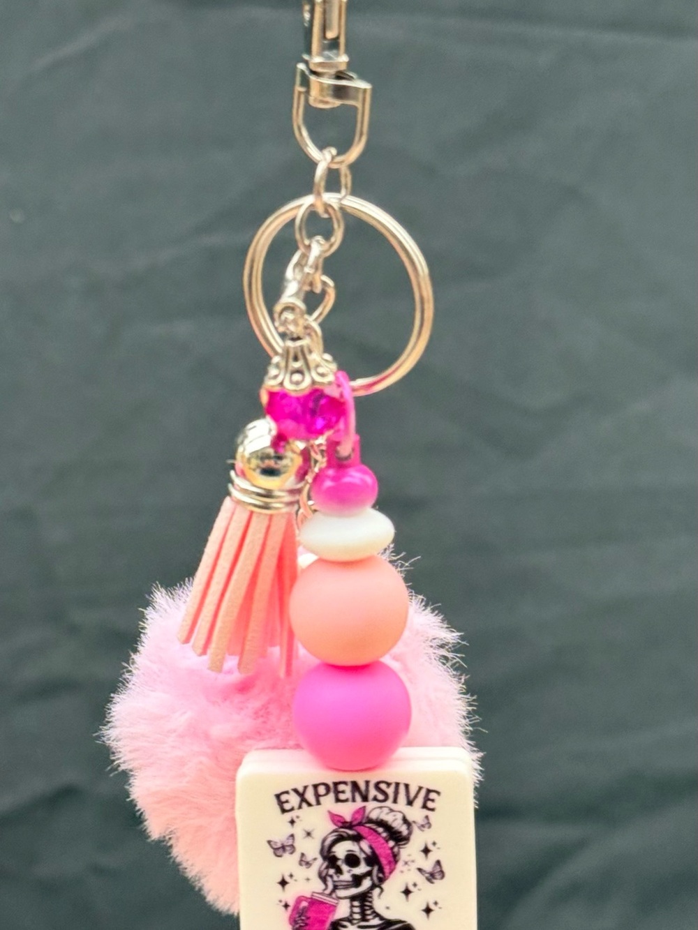 Pink Pom & Bead Keychain Charm - Expensive Difficult Talks Back